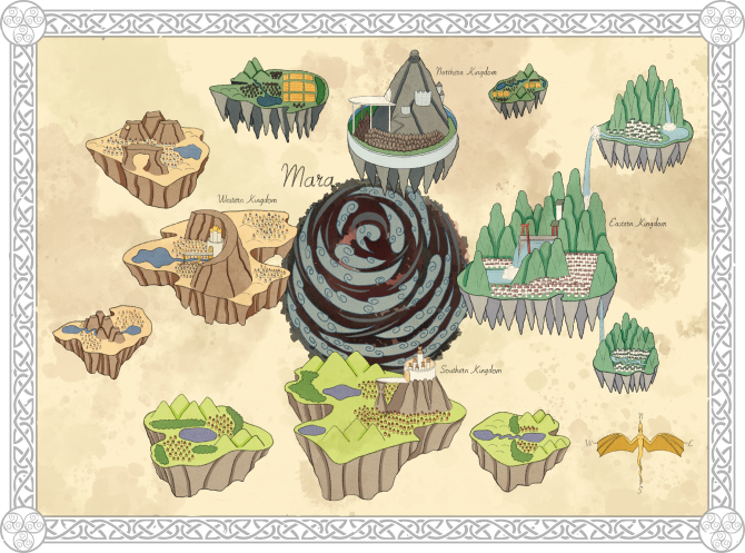 The floating isles of Mara depicted on a world map.